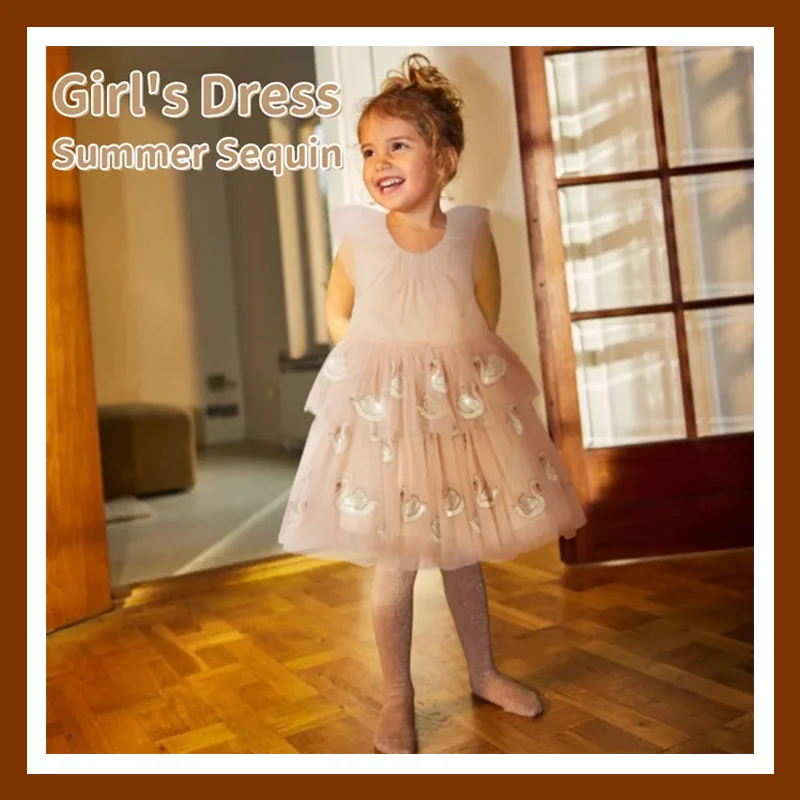 

Summer Dress 2024 New Kids Sequin Gauze Dress Girls Party Dresses children's Long Skirt Baby Girl Clothes tops