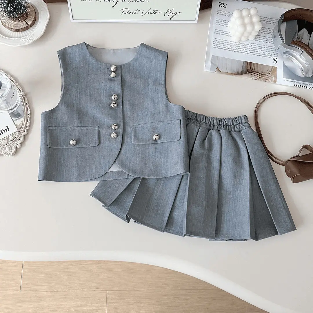 Girls' Spring and Autumn Set New Style Girls' College Style Shirt Vest pleated Skirt Fashionable 3-Piece Set Trendy