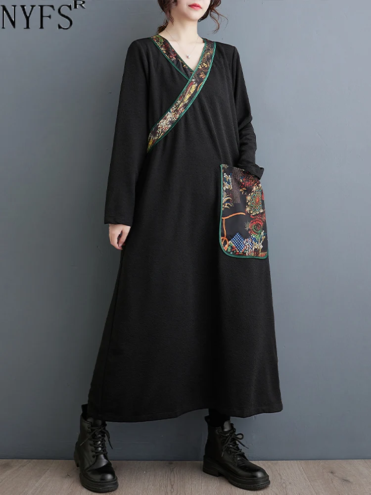 

NYFS 2023 Autumn Winter New Vintage Womens Dresses Vestidos Robe Elbise Loose Plus Size V-Neck Patchwork Print Long Dress