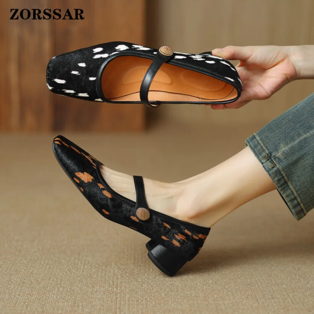 

Women's Square Toe Mary Jane Shoes Horsehair Animal Print Low Block Heel Ankle Strap Comfortable Casual Footwear Size 34-42