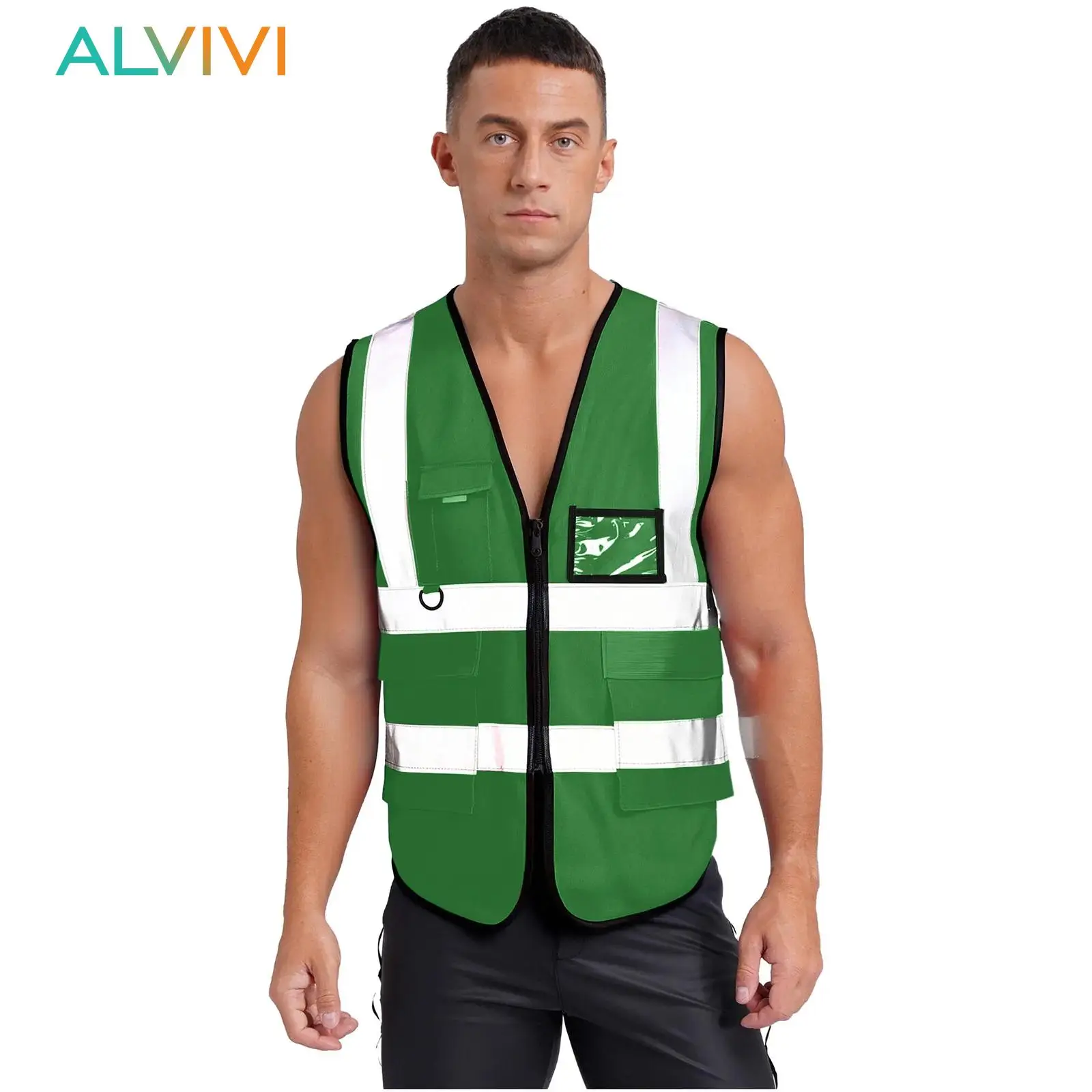 Mens Cycling Costume High Visibility Reflective Safety Vest V-Neck Zipper Work Jacket with Multi-Pocket for Construction Site