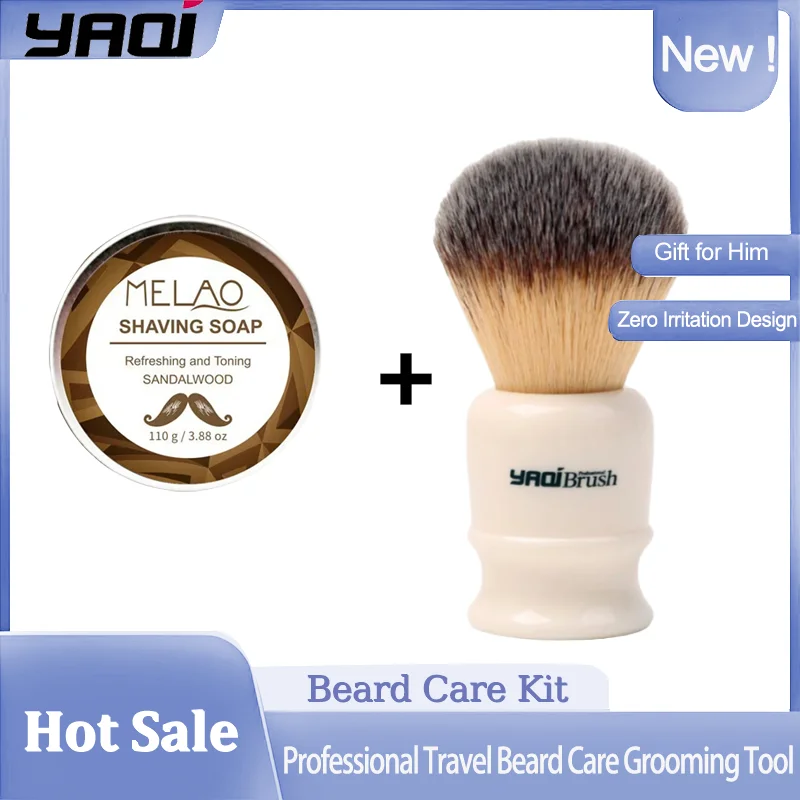 YAQI 22 مم فرشاة حلاقة الشعر الاصطناعية الصفراء ومجموعة صابون خشب الصندل - مقبض من الراتنج، هدية للعناية باللحية أثناء السفر للرجال #1