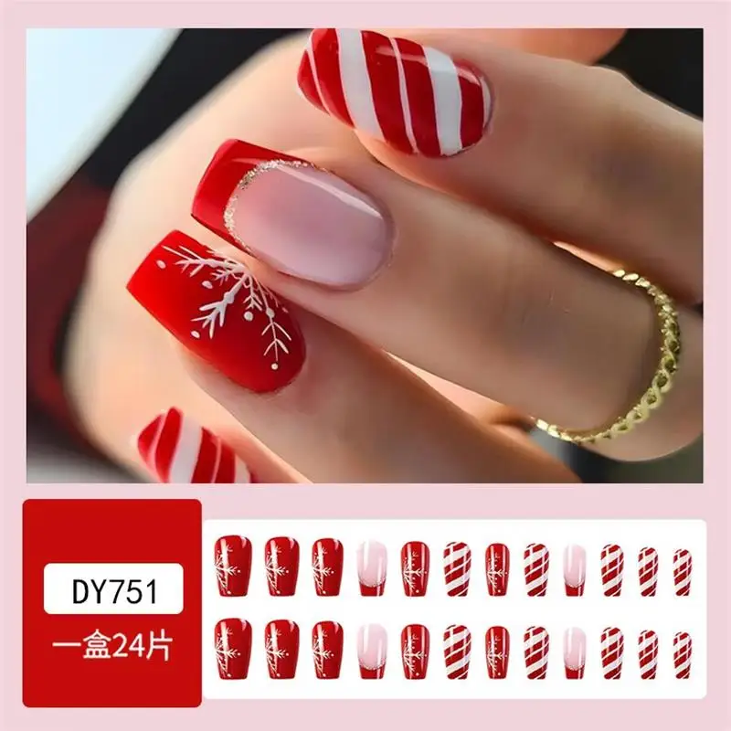 Unhas postiças curtas com design de listra branca do floco de neve, unhas postiças brilhantes, unhas vermelhas do Natal, unhas francesas do brilho, 24pcs