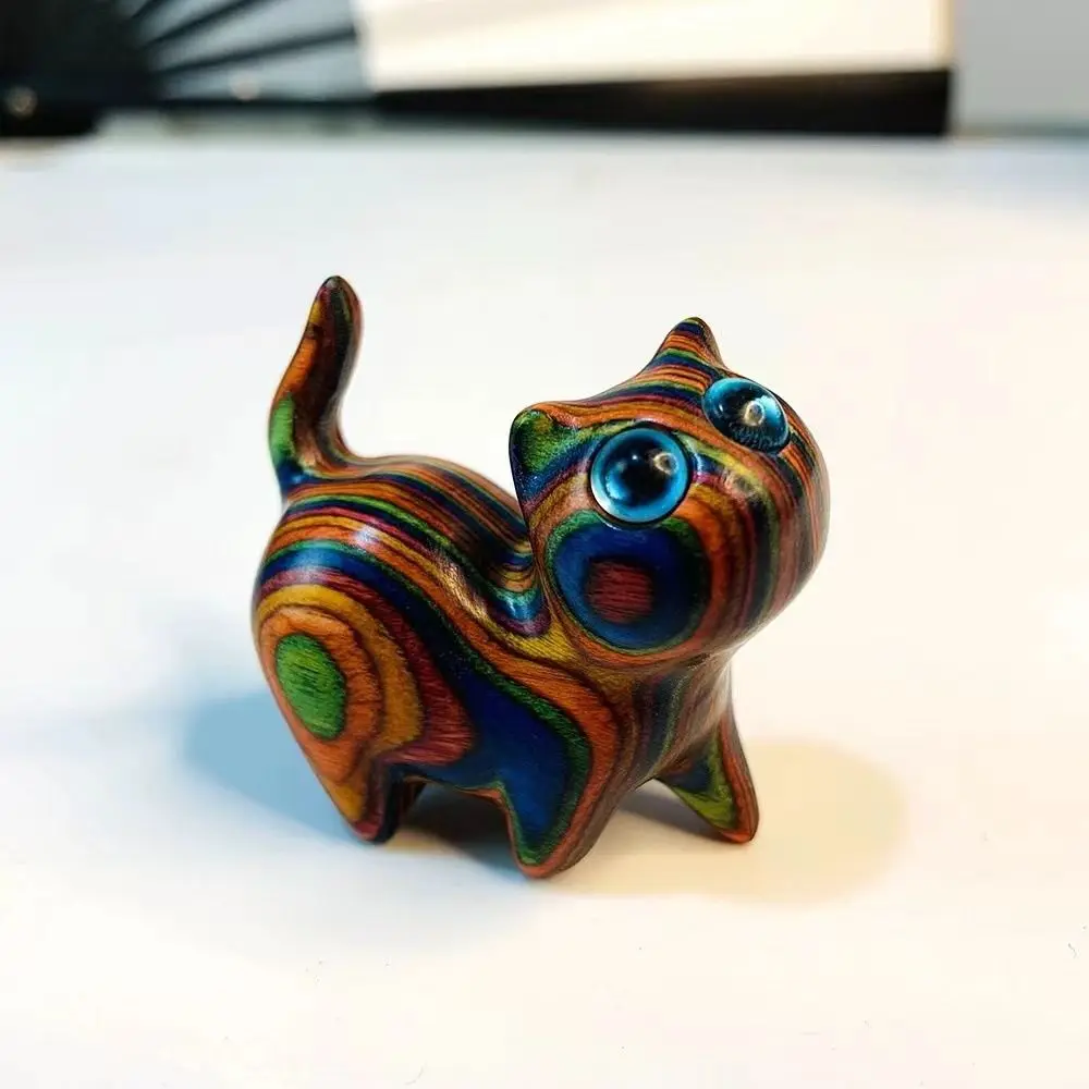 

Holiday Gift Sandalwood Cat Desktop Figurine Mini Kawaii Wooden Carved Figurine Cute Exquisite Rainbow Car Ornament Bedroom