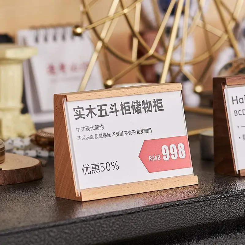 90x54mm Slant Wooden Acrylic Sign Holder Display Stand Table Number Menu Paper Label Holder Small Price Label Card Tags