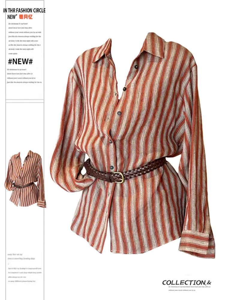 

Осень-зима, женский полосатый топ с длинным рукавом, французская винтажная элегантная уличная вечерняя блузка со старыми деньгами, дизайн, эстетичная новинка