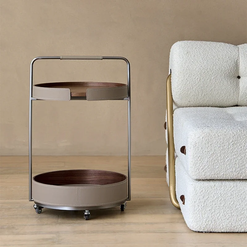 

Minimal saddle leather stainless steel movable cart side table coffee table