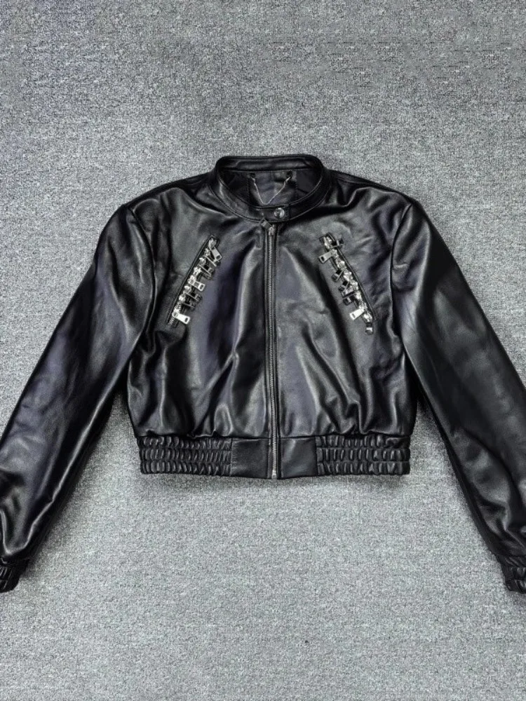 Designer STAND COLLAR ของแท้หนังแจ็คเก็ตผู้หญิงแขนยาวซิปฤดูใบไม้ผลิใหม่เอวสูง Punk สีดํา Moto Bikers สั้น Coat