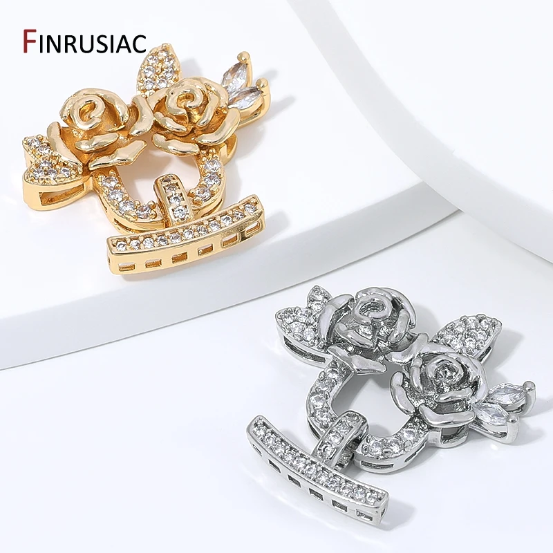14K Gold Plated Brass Zircon Flower Pearl Clasps,Multi-row Closure Fasteners Lock Clasps For DIY Jewelry Making Accessories - view 3