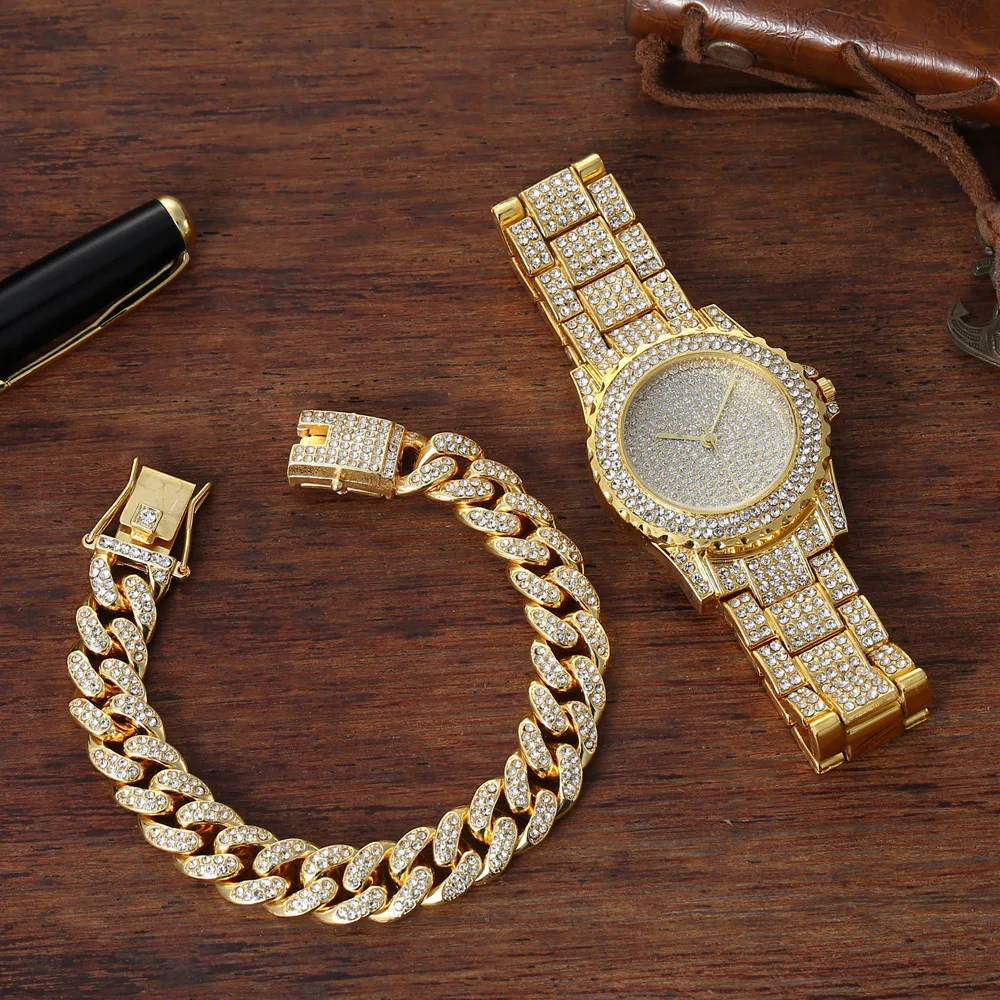 Reloj + pulsera para mujer, cadena cubana con dijes, reloj con diamantes, pulsera de oro de lujo, conjunto de joyería