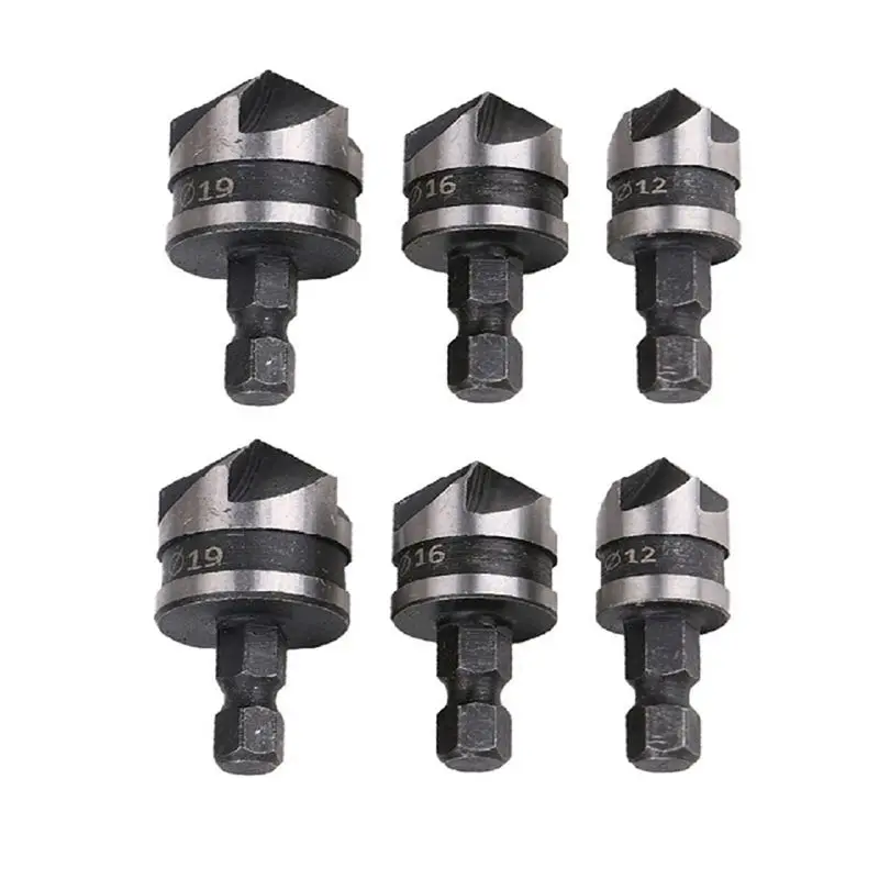 Exquisite-Two Sets Of X 3Pcs [12/16/19Mm] Hexagon Shank Five-Edge Chamfering Tools 90-Degree Hole Opener Chamfering Tool For Woo