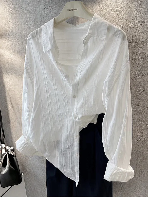 summer-essential-lightweight-loose-fit-striped-sun-protection-shirt-women's-long-sleeve-lazy-style-cotton-blend-blend-blend