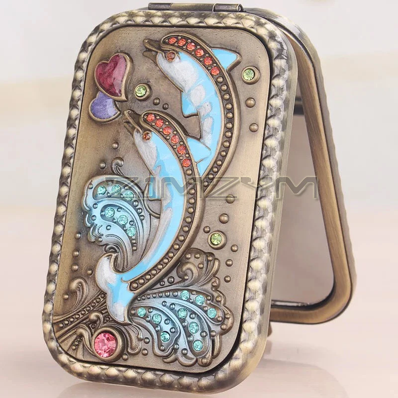 2.5X cermin rias perbesaran antik portabel, cermin kecil saku lipat dua sisi untuk anak perempuan perjalanan