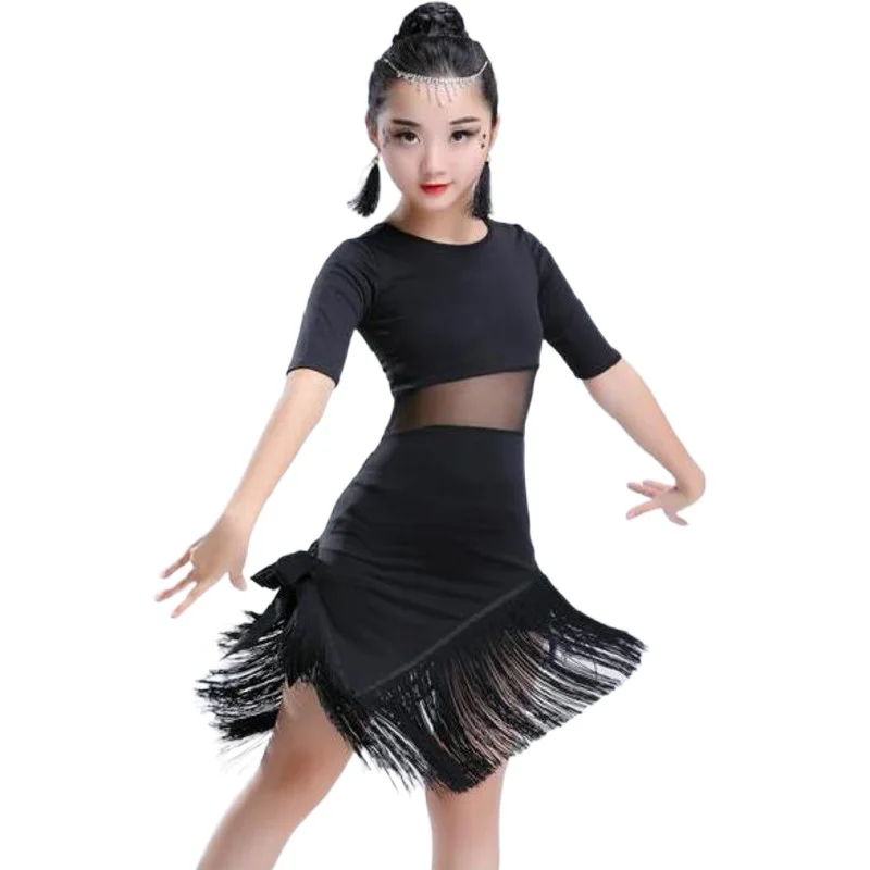 Vestido dança latina com franja para meninas, traje salsa, salão de baile e tango, preto e vermelho, roupas infantis