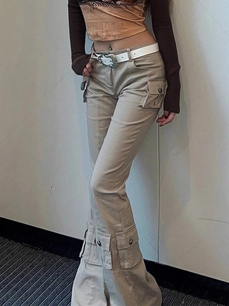 Women 2025 Autumn Vintage Cargo Jeans Y2k Low Rise Flare Pants Bell Bottom Streetwear Mutil Pockets 2000s Harajuku Trousers