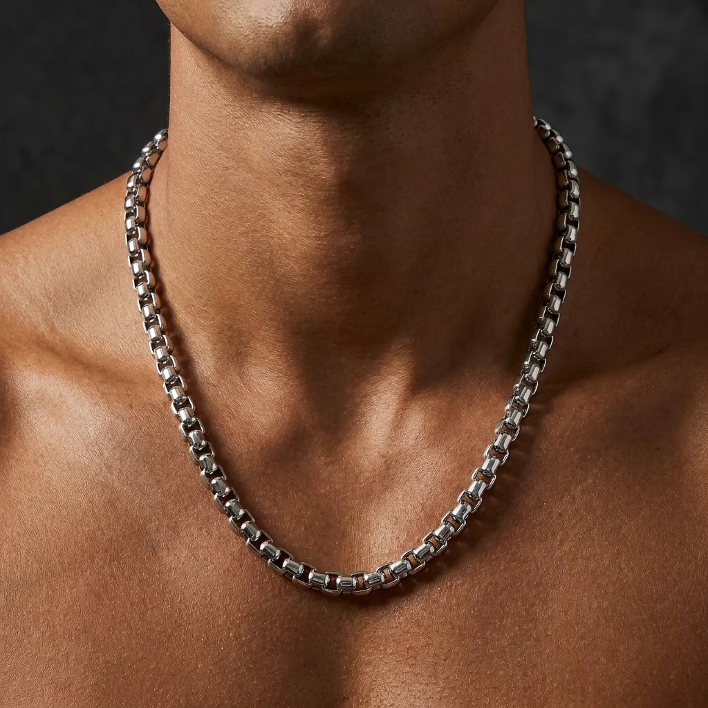 Colar Masculino de Aço Inoxidável com Corrente Redonda e Elo Quadrado, Joia Hip Hop para Homens e Meninos, Presente, Largura 2/3/4/5mm, Comprimento 53cm