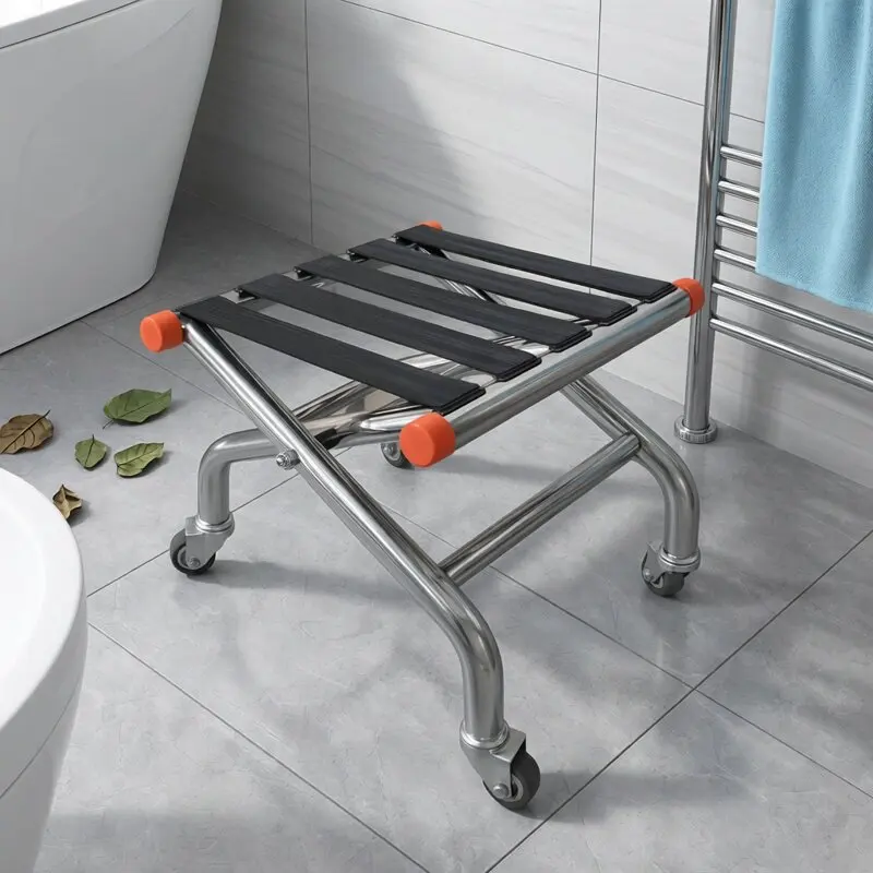 Swivel Caster Folding Stool Stainless Steel Rolling Seat Portable Round Kitchen Stool Multifunctional