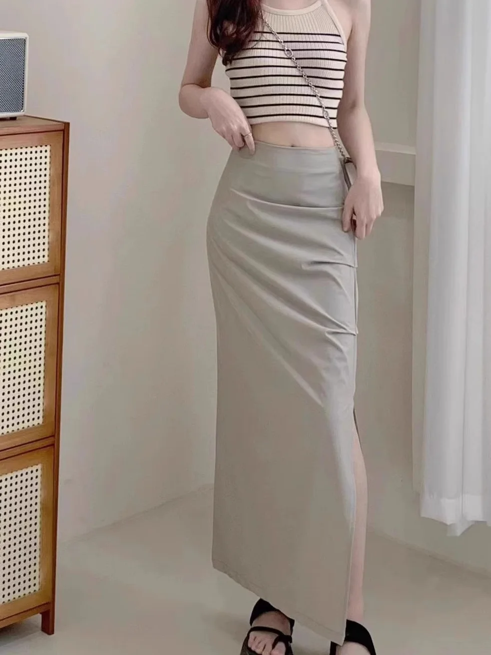 

Slimming High Waist Workwear Skirt for Women Summer Faionable Slit Design Vintage Sle Long Straight Cut A-Line Skirt