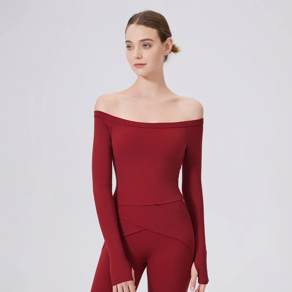 

Women Yoga One-shoulder Long Sleeve Close-fitting T-shirt Quick-dry Elastic With Chest Pad Fitness Gym Tops.