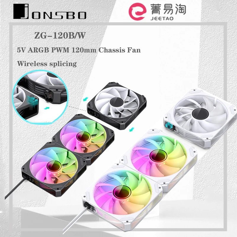 

Jonsbo ZG-120B/W CPU Cooling Fan Reverse Case Fan Wire-free Splicing Side Light Guide 5V ARGB PWM 120mm Chassis Cooler Fan