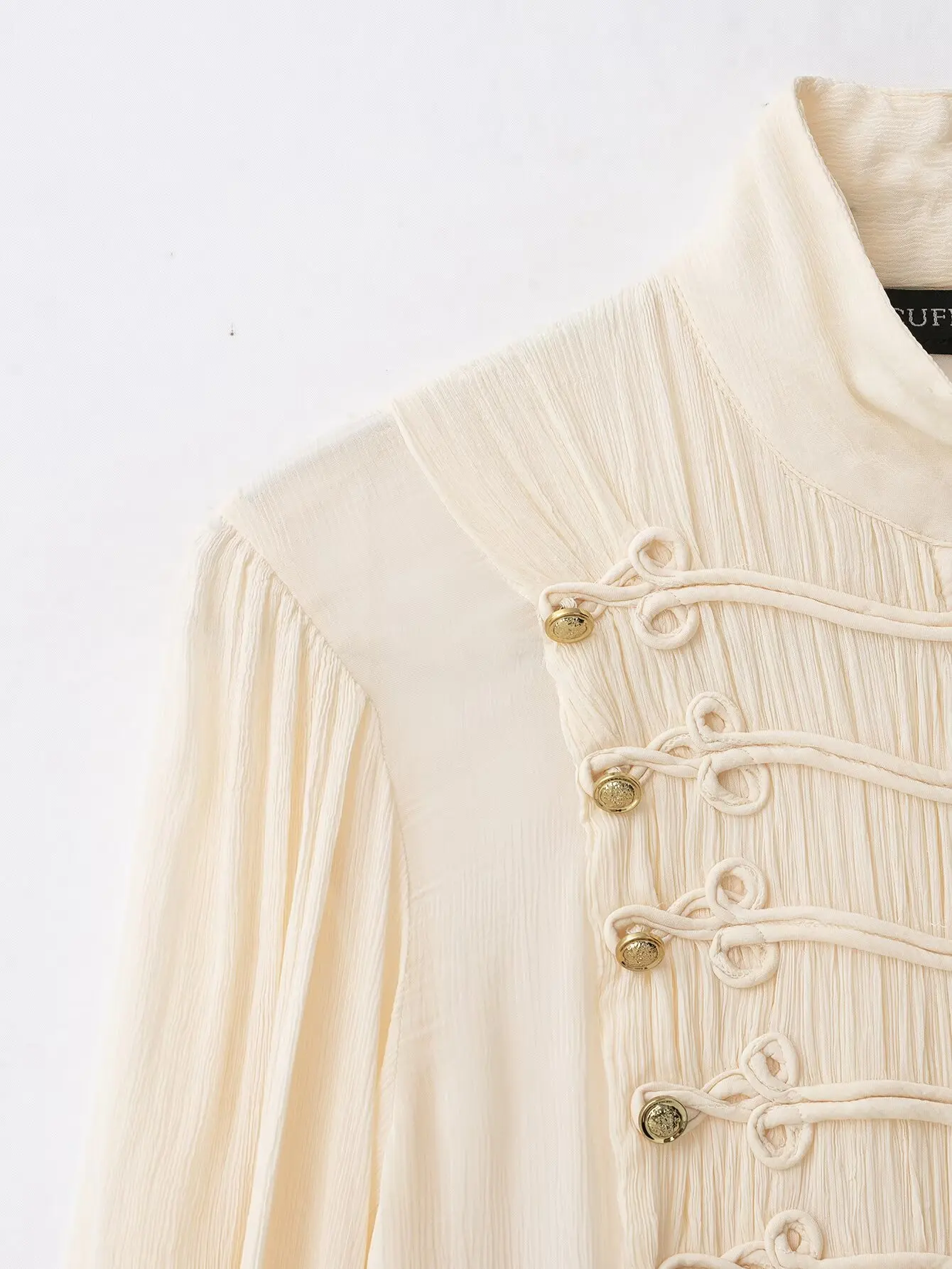 TFMLN 2026 Damen Bluse mit ausgestellten Ärmeln, schmal geschnitten, hoher Kragen, Knopfleiste, elegantes Napoleon-Hemd, schickes, transparentes, unifarbenes Oberteil für den Urlaub. – Detail 4