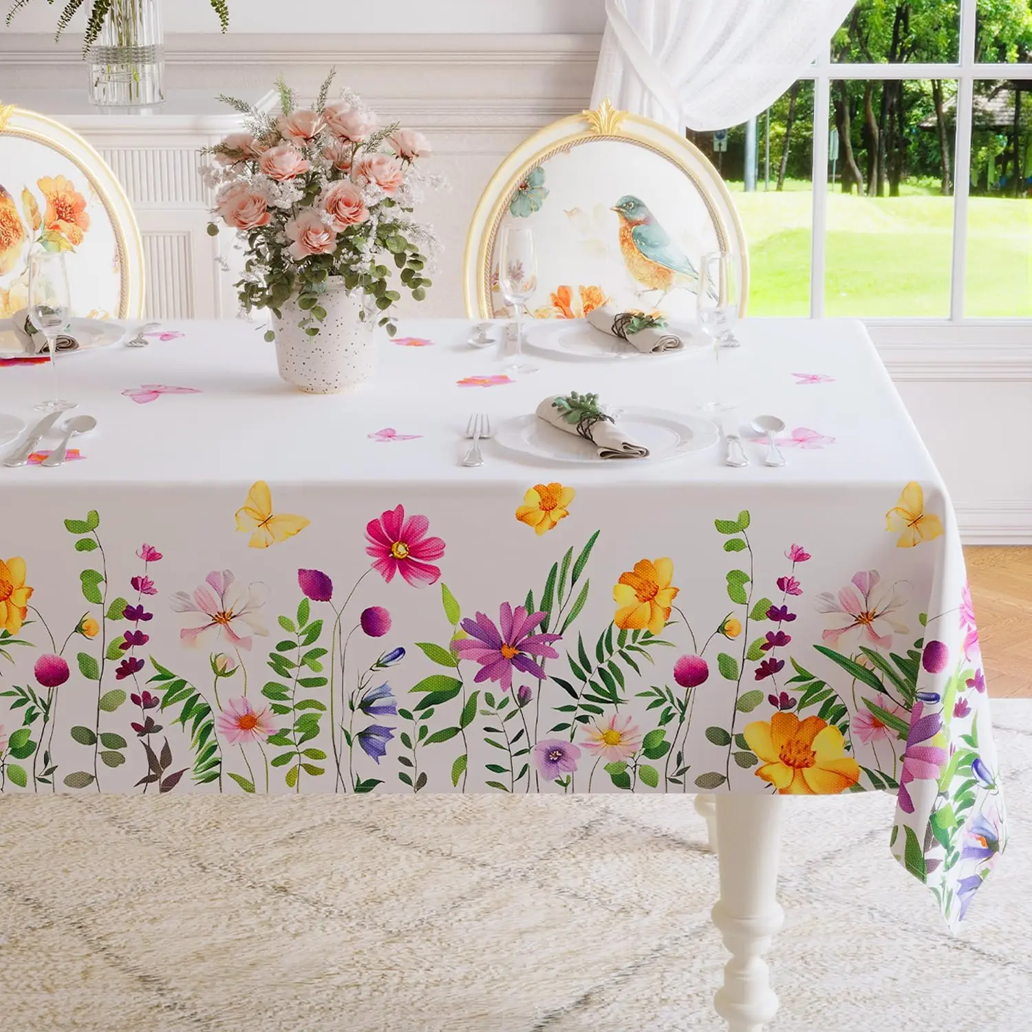 Spring Waterproof Floral Pattern Tablecloth  Kitchen Dining Table Decor Washable Table Cover Outdoor Picnic Party Wedding Decor