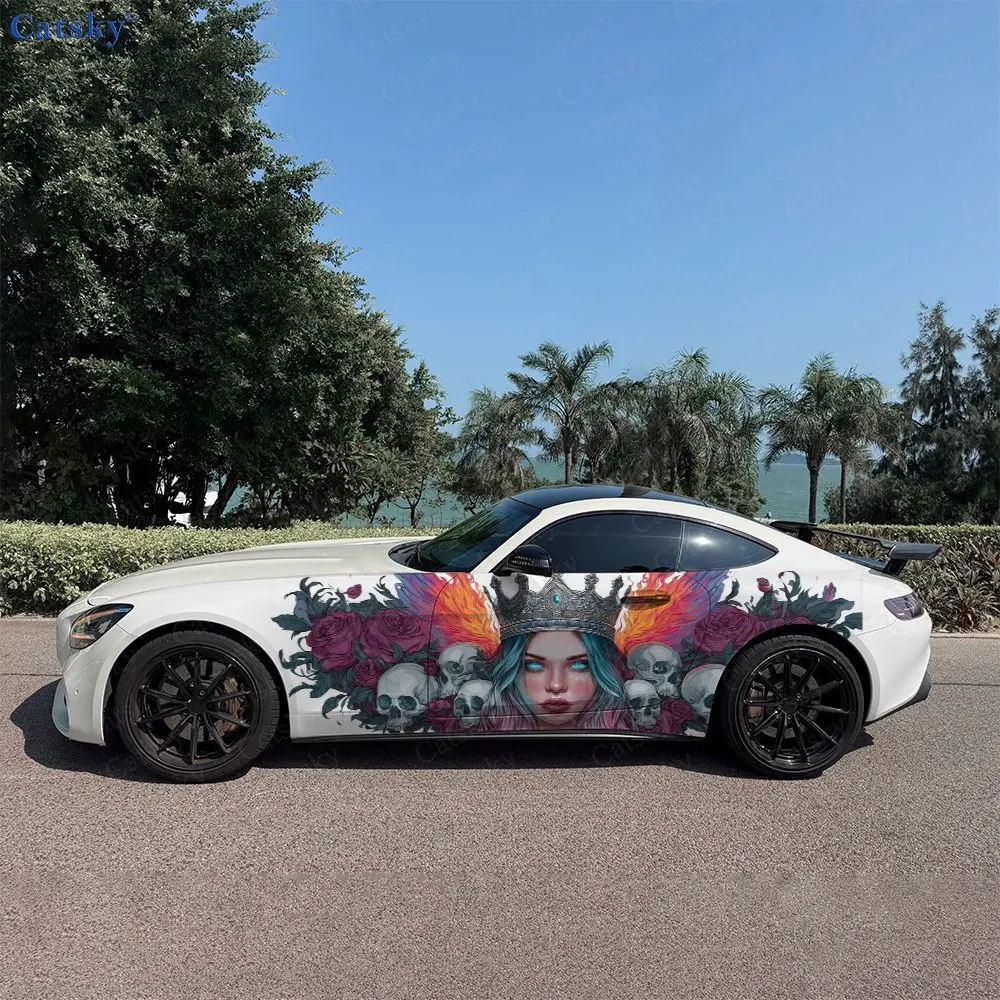 2pcs Goddess Crown Multiple Skulls Car Side Wraps, Self-Adhesive PVC Waterproof & Scratch-Resistant Stickers, Car Accessory Gift