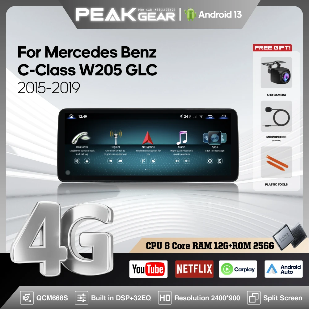 

12.8" Car Multimedia Player For Mercedes Benz C-Class W205 GLC 2015-2019 GPS Navigation Android Radio Carplay 4G WiFi 360 camera