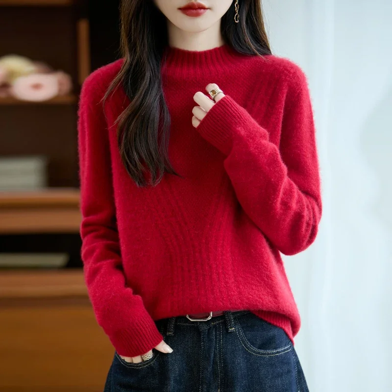 

Women's 100% Wool Knit Sweater, Winter Half High Neck Pullover, Warm Long Sleeve Tops