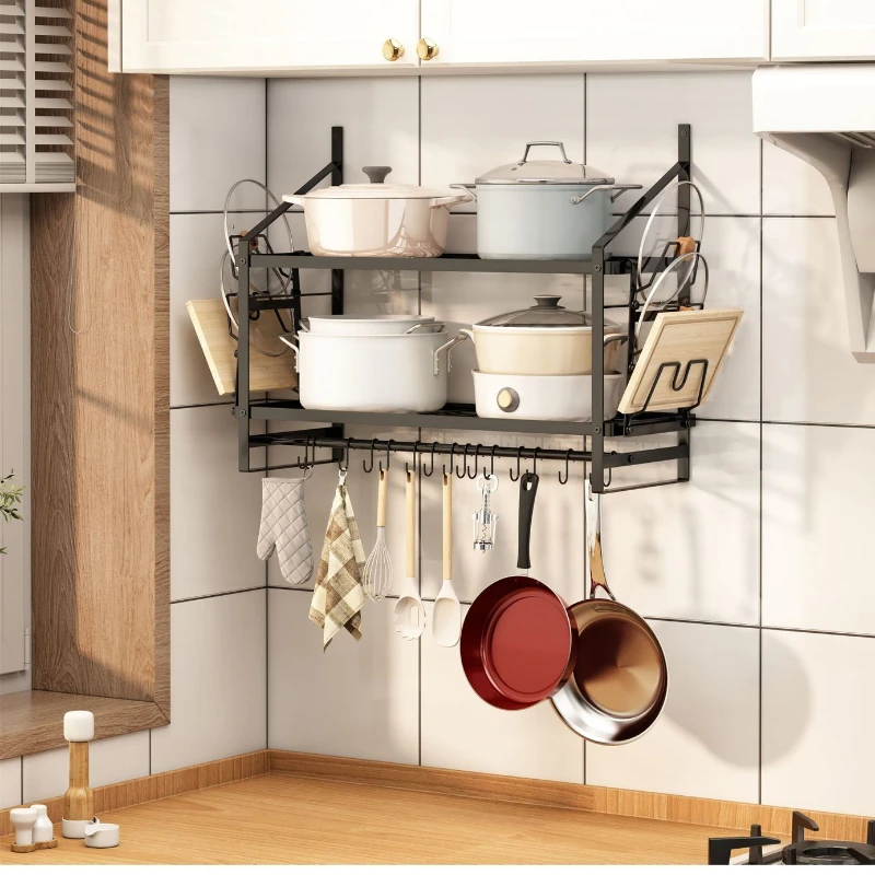 Wall-Mounted Multi-Layer Kitchen Storage Rack Heavy-Duty Carbon Steel Organizer for Seasoning Pots and Spice Jars
