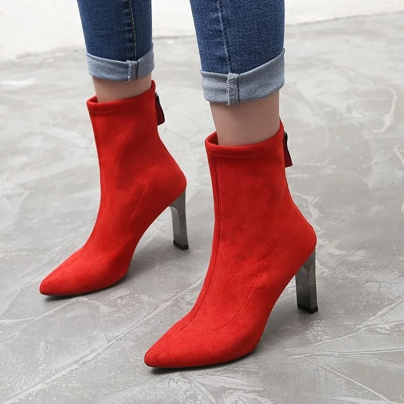 Booties Sexy Female Short Shoes Elastic Heeled Women's Ankle Boots Pointed Toe Very High Heels Big Red Fashion 2024 On Promotion