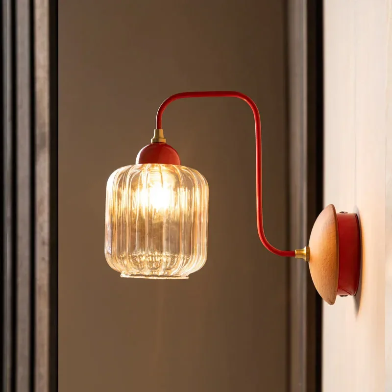 

Nordic Amber Glass Wall Lamps Bedroom Bedside Light Red Green Corridor Wall Lights for Hallway Entrance Aisle Stair Indoor Home