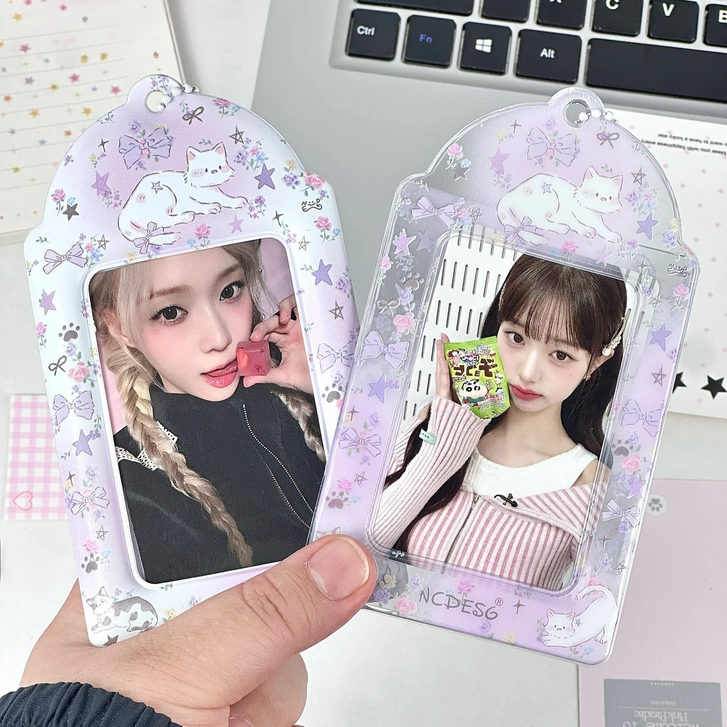 2pcs Purple Cat PVC Photocard Holder Kpop Idol Photo Card Storage Case Display Pendant
