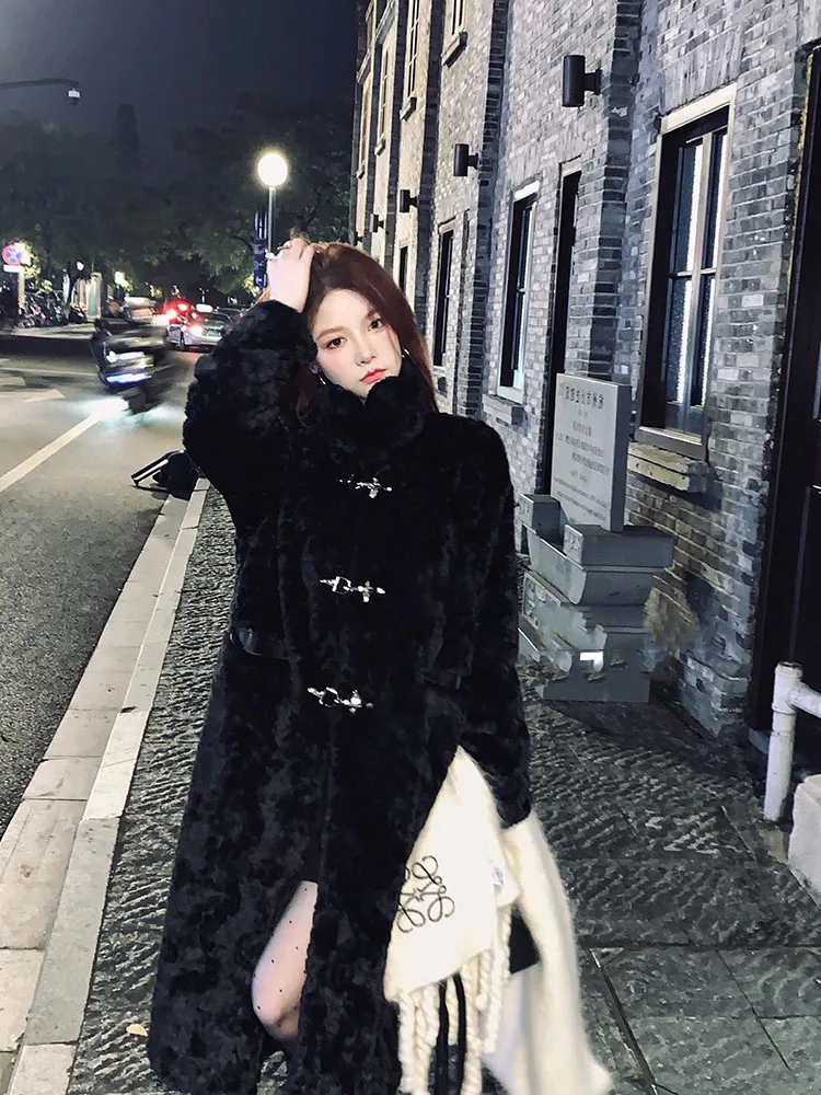 

2025 New Casual Thiened Artificial Fur Coat Women's Mid-Length Bla Warm Environmental Protection Fur Overcoat