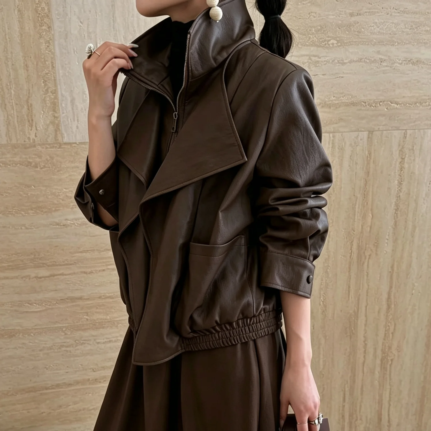 IG  2026 Women Faux Leather Jacket Stand Collar Zip Up Irregular Lapel Short Coat Casual Loose Outerwear
