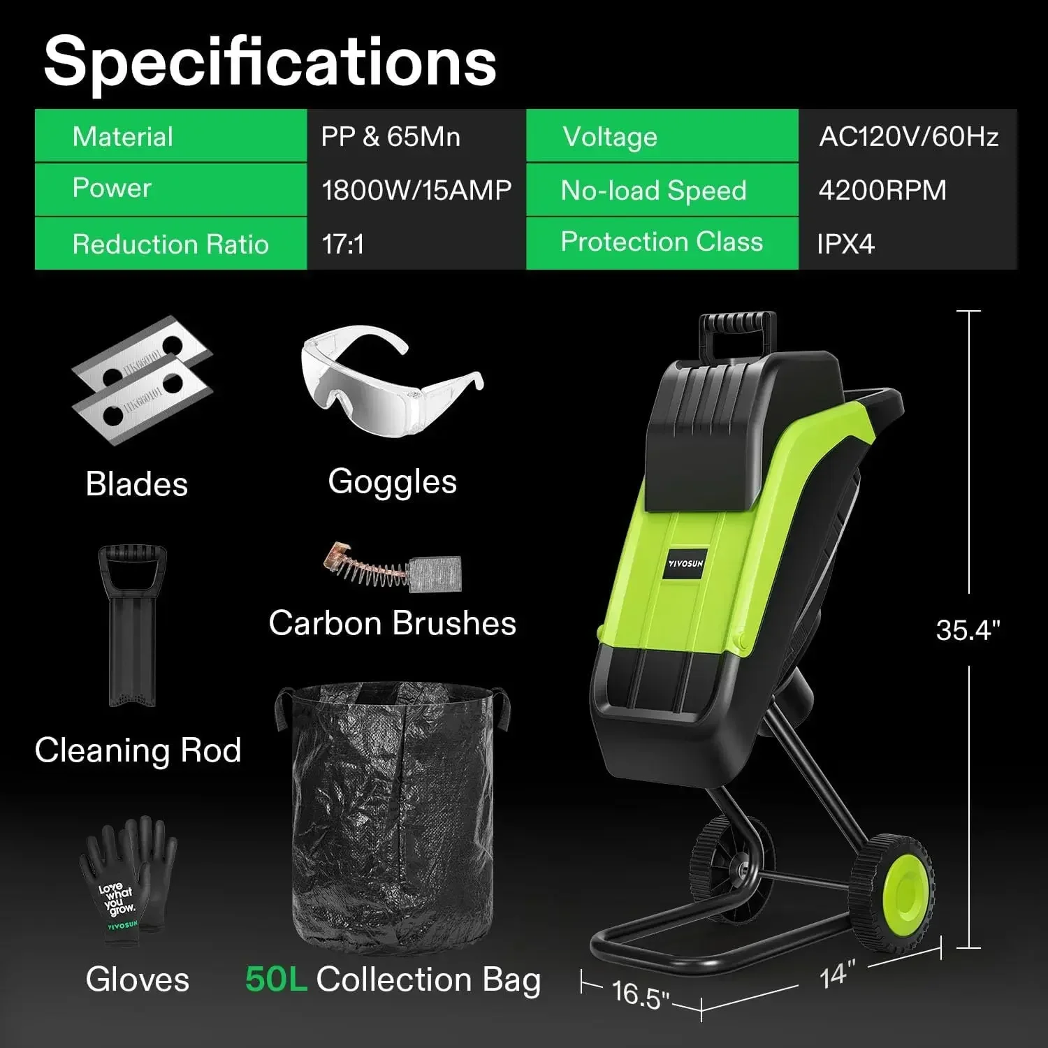 

tt Electric Wood Chipper and Shredder with Wheels and Safety Locking Knob Equipped with Plunger 50L Collection Bag Additional