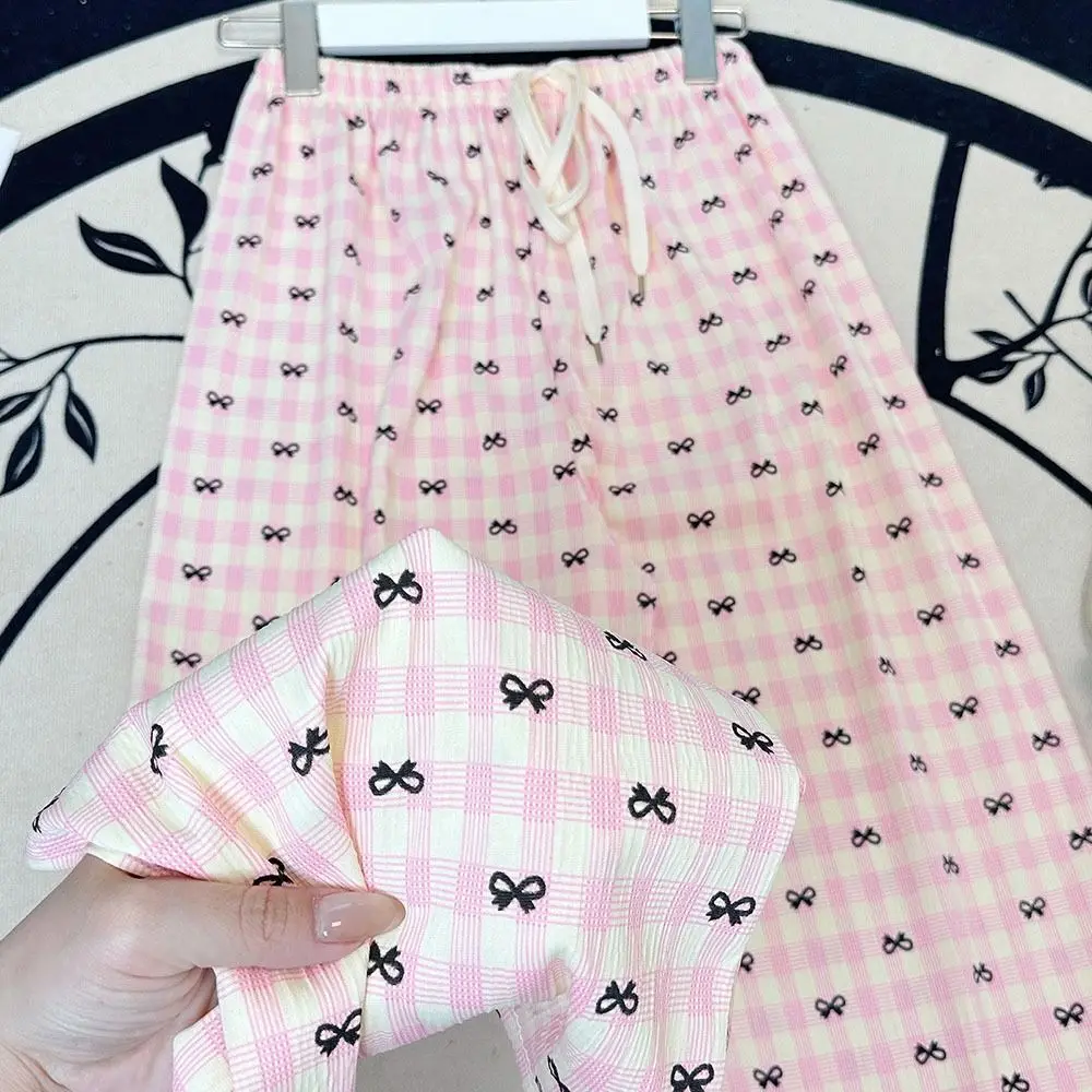 مريحة شريط منقوشة Bowknot بيجامة السراويل الحلو رقيقة شبكة السراويل الطويلة القوس Homewear بناطيل كاجوال ملابس خاصة