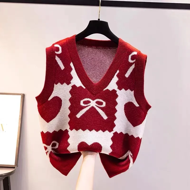 

Красный вязаный жилет с V-образным вырезом для женщин, весенне-осенний, модный, повседневный, однотонный, стандартной длины, топ-жакет