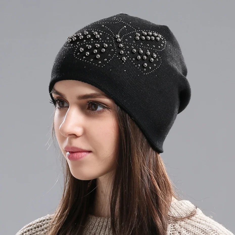 Women Winter Hats Wool Knit Beanie Hat Thick Warm Double Layer Fashion Skull Cap