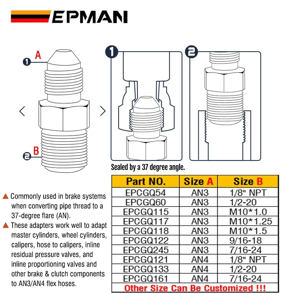 EPMAN Inverted Flare Fitting Turbo Oil Feed Adapter To Male AN3 AN4 Stainless Steel 304 EPCGQ161