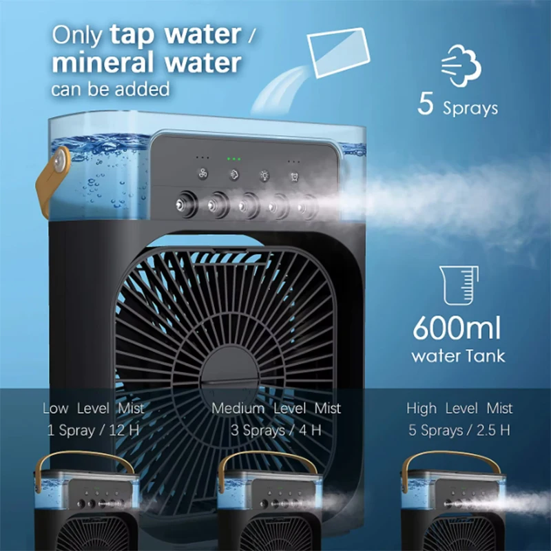 Ventilador de refrigeración de verano 3 en 1, humidificador de escritorio portátil, Mini aire acondicionado USB, luz nocturna, niebla de agua para el hogar y la Oficina