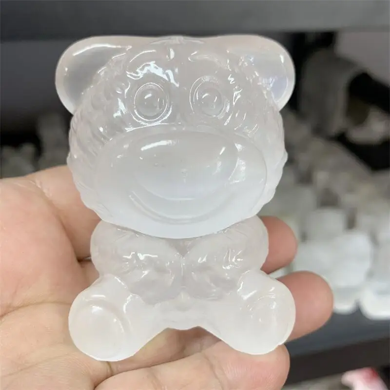 Natural Selenite Cartoon Bear Carving Crystal Healing Stone Creative Holiday Gifts For Kids Home Decor 1pcs