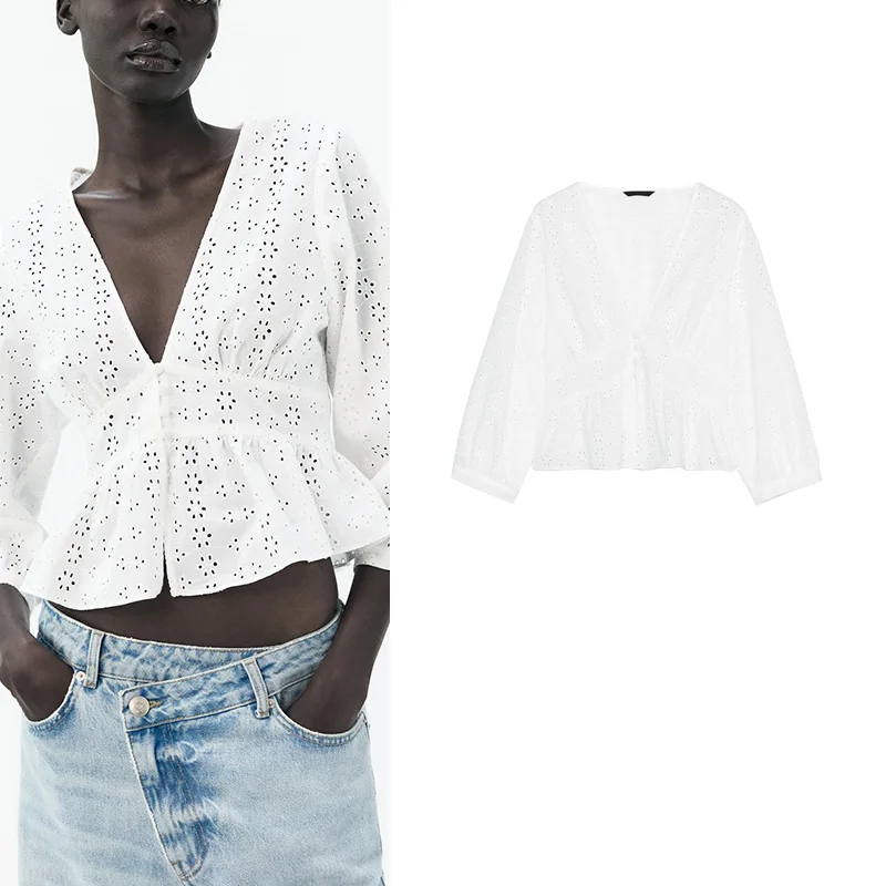 Elegant Lace Hollow out Women's Top Summer New Style Student Loose Fit Sun Protection White Slimming Chiffon Lace Shirt