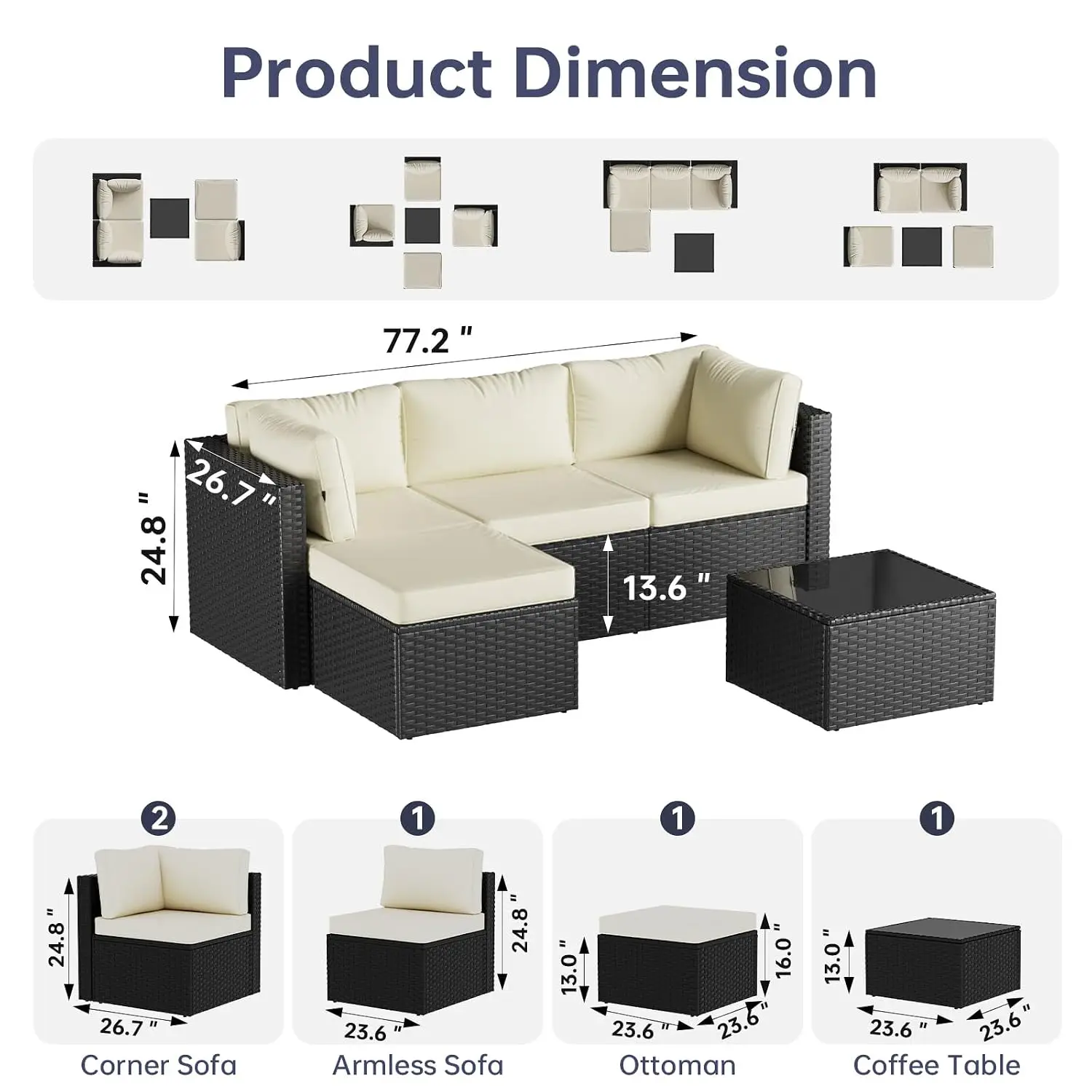Patio Furniture Set, Outdoor Sectional Sofa (5-Piece/Oatmeal), Customized