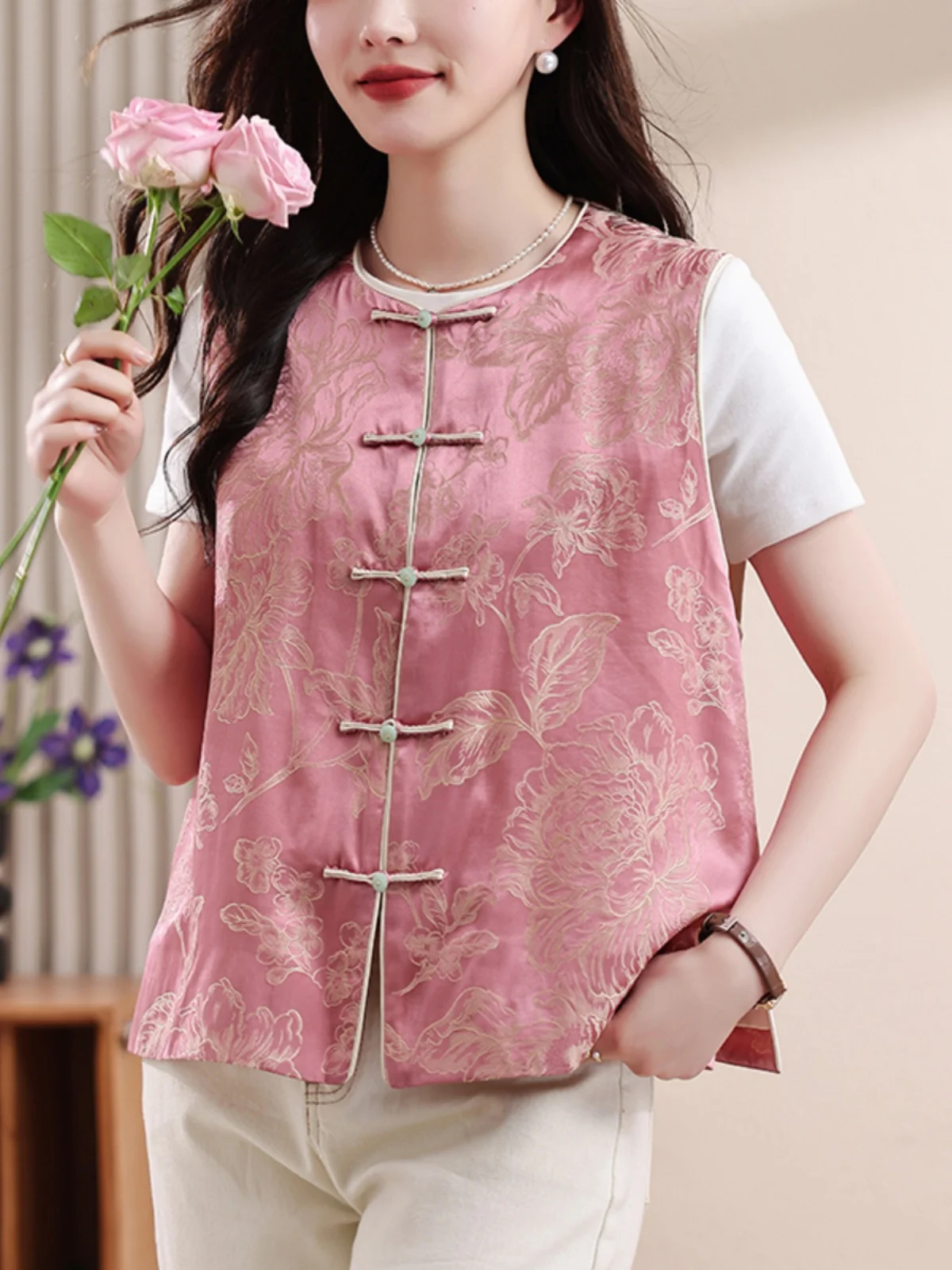 Nowa chińska kamizelka damska na wiosnę i lato, zapinana na guziki, w kolorze różowym, modny design, styl Tang, odzież wierzchnia.
