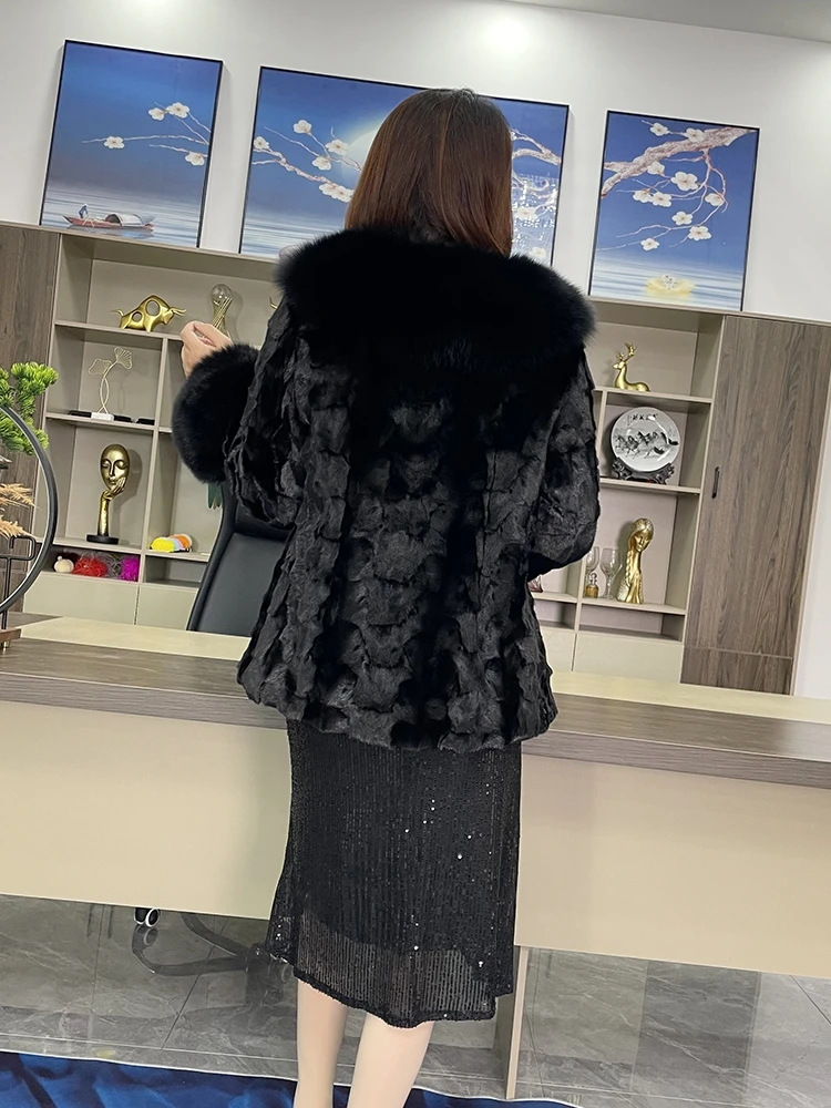 2024 New Autumn Winter Women Big Collar Coat  Real Mink Fur Outerwear High Quality Luxury Warm Middle Length Cardigan Coats