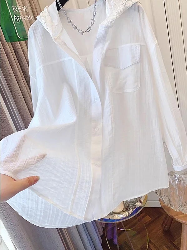 Weiße Spitze mit Kapuze IRT Damen Sommer lässig dünn lang Sve Sonnenschutz Loose Fit Top Vintage Pendeln Sle Button Detail