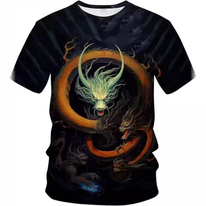 

Limited Edition Dragon Year 3D Digital Print Men's T-Shirt Cartoon Dragon Personality Casual Short Sleeve round Neck Polo Shirt