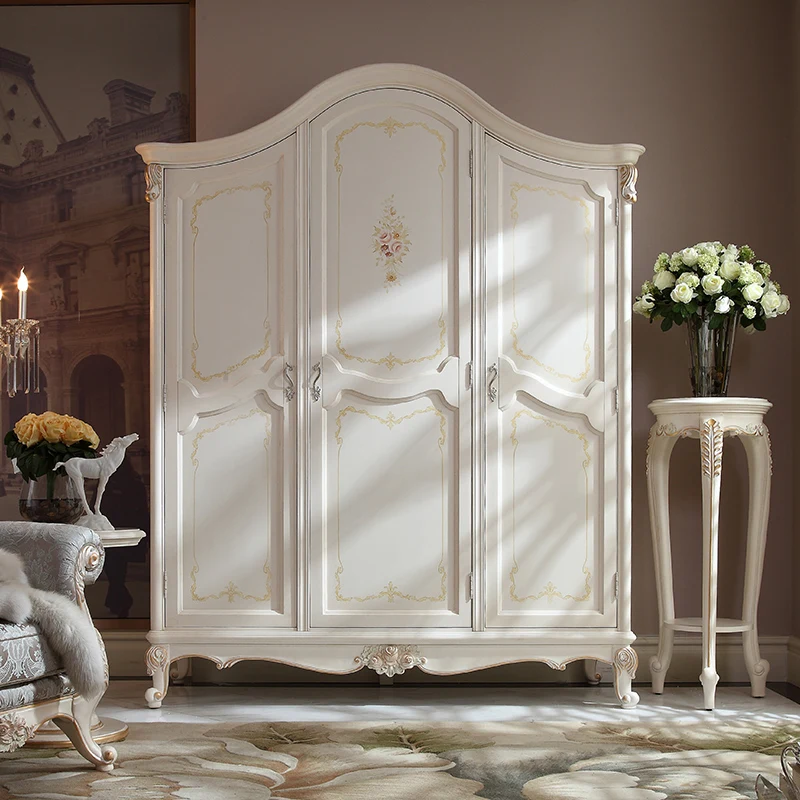 European-style all-solid wood three-door wardrobe, household quality locker, fully decorated carved storage cabinet, bedroom war