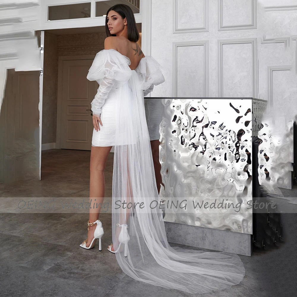 Sheath/Column Wedding Dress Mini Puff Sleeves Deep V Neck Sexy Wedding Gown for Women 2023 Bride Watteau Train Short Bridal Gown